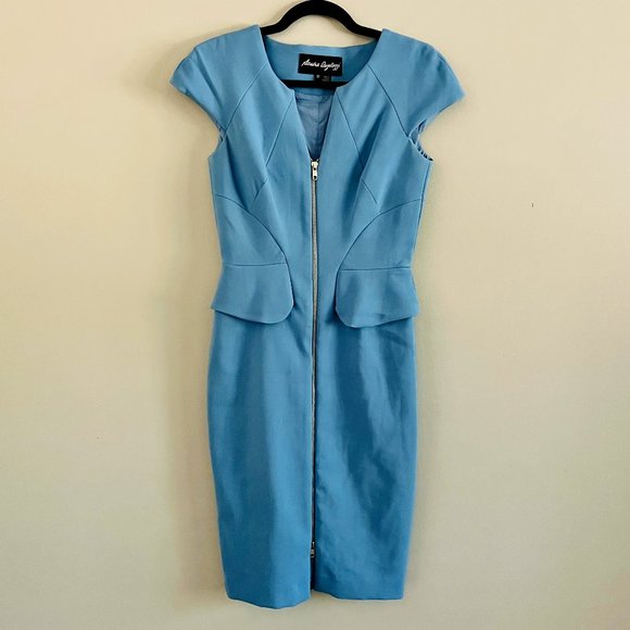 Sandra Angelozzi Blue Business Formal Pencil Dress w/ Cap Sleeves & Front Zipper - Picture 2 of 9